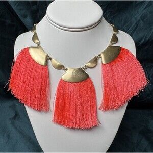 Goldtone Neon Coral Red Fan Fringe Statement Necklace 3 Tassel Adjustable 17-21”